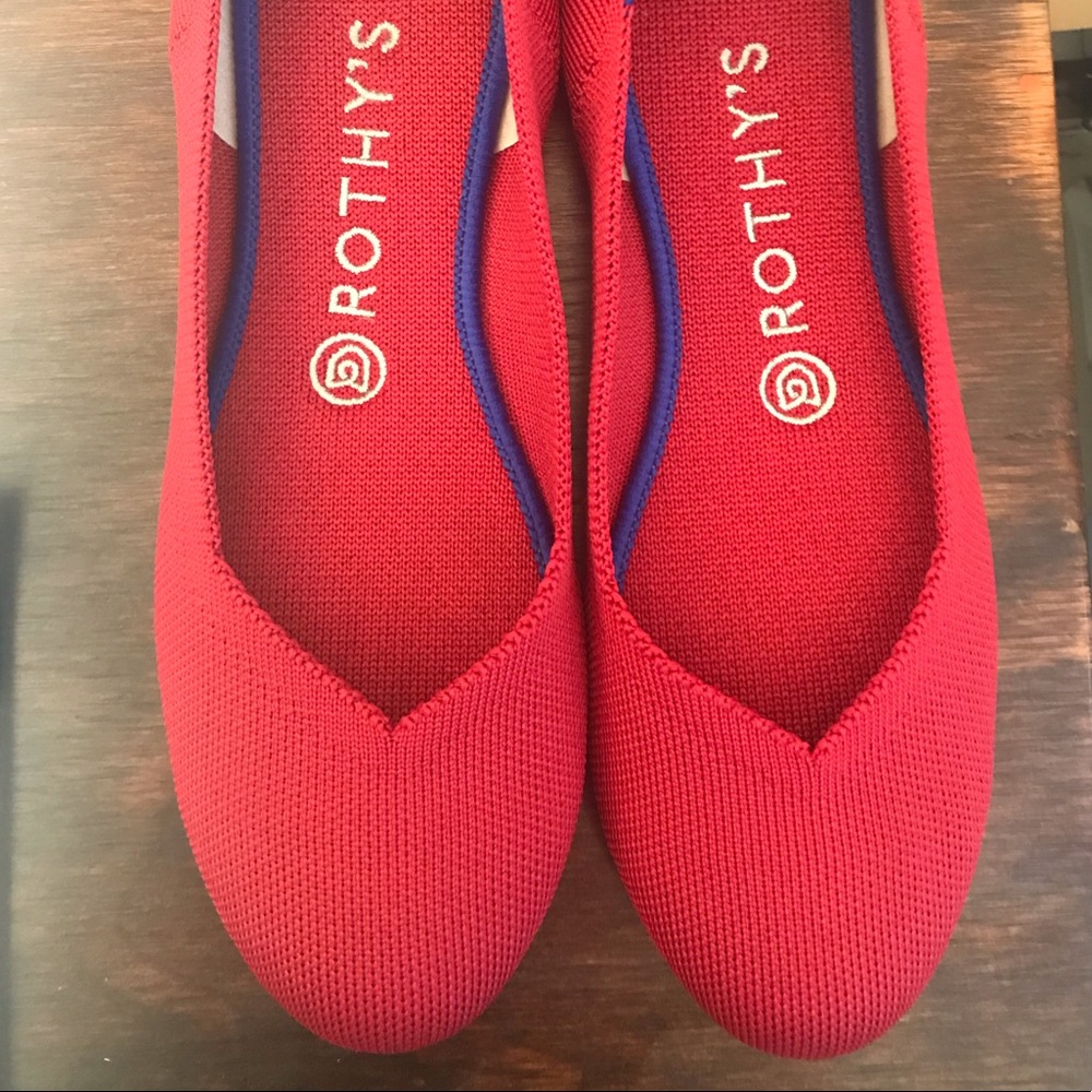 Scooter Red Rothy’s round toe flats. Used. Worn.